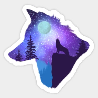 Howling at the moon, wolf head silhouette - blue Sticker